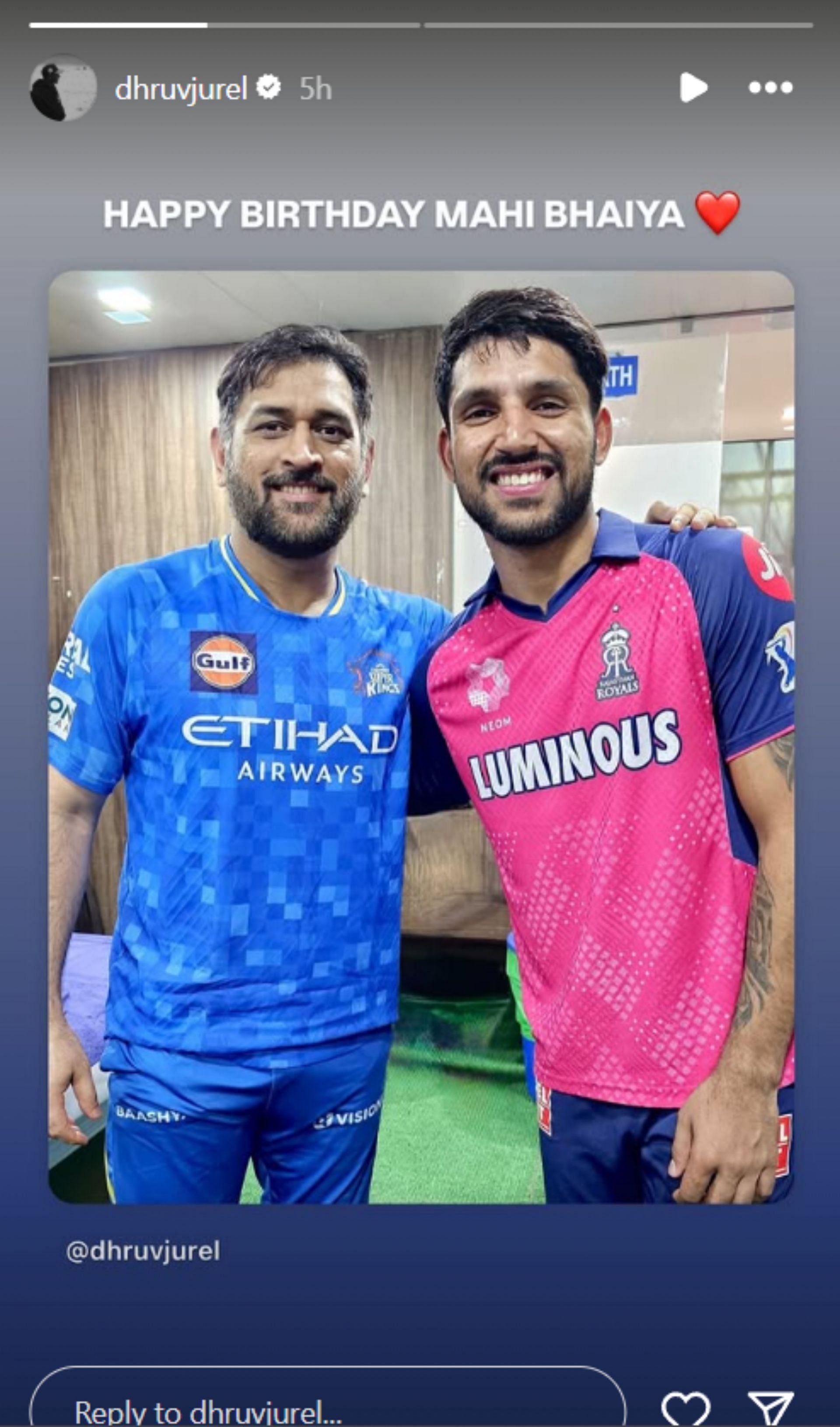 Dhruv Jurel's birthday wish to Dhoni on Instagram. (Image: Dhruv Jurel/Instagram)